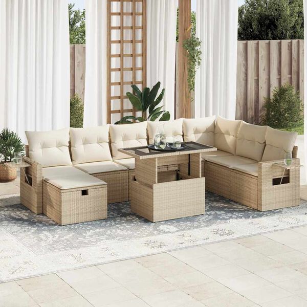 vidaXL Set de sof&aacute;s de jard&iacute;n con cojines 9 pzas rat&aacute;n sint&eacute;tico beige