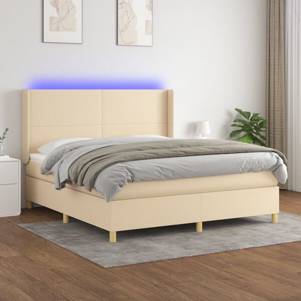 vidaXL Cama box spring colch&oacute;n y luces LED tela crema 180x200 cm