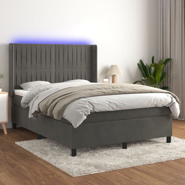 vidaXL Cama box spring colch&oacute;n y LED terciopelo gris oscuro 140x190 cm