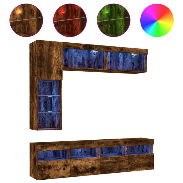 vidaXL Muebles de TV de pared con luces LED 7 piezas roble ahumado