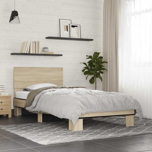 vidaXL Estructura cama madera ingenier&iacute;a metal roble Sonoma 90x190 cm