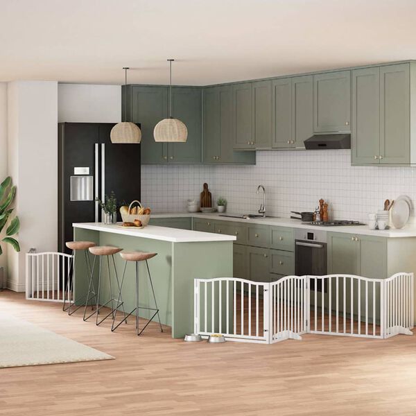 vidaXL Puerta de perros plegable 6 paneles madera &aacute;lamo blanca 480 cm