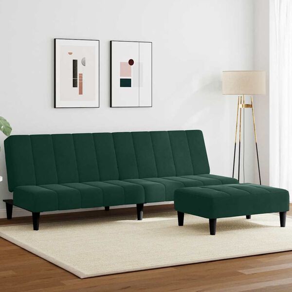 vidaXL Sof&aacute; cama de 2 plazas con taburete terciopelo verde oscuro