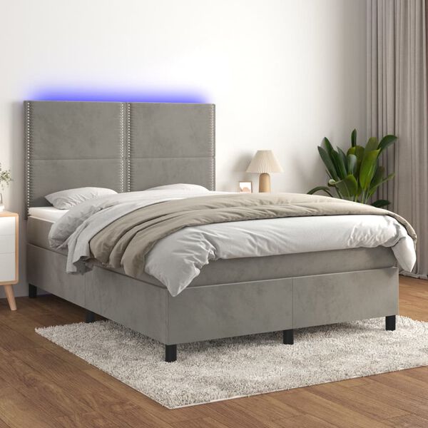 vidaXL Cama box spring colch&oacute;n y LED terciopelo gris claro 140x190 cm