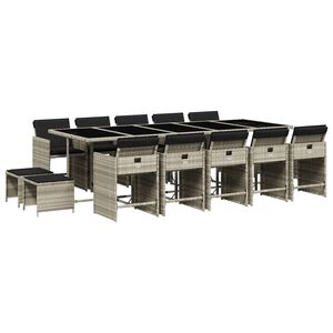 vidaXL Set comedor jard&iacute;n y cojines 15 pzas rat&aacute;n sint&eacute;tico gris claro