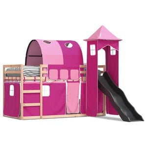 vidaXL Litera con tobog&aacute;n y cortinas rosa 90x190 cm