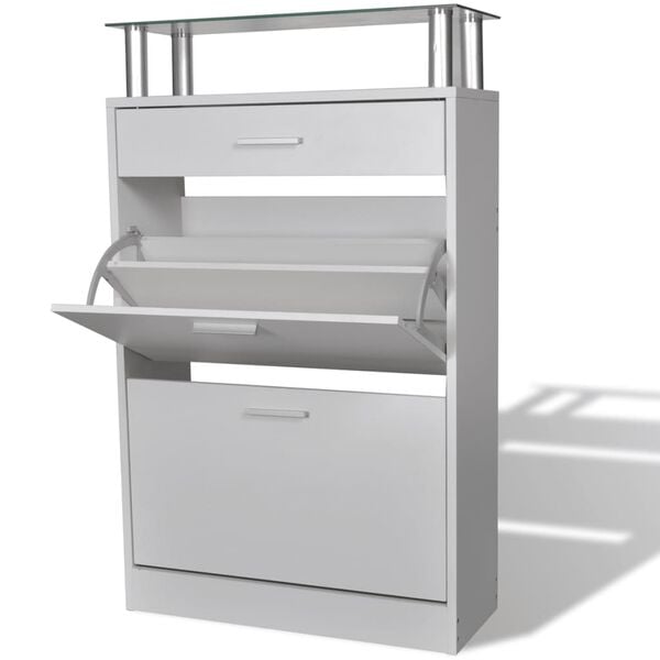 vidaXL Mueble zapatero con caj&oacute;n y estante superior de vidrio blanco