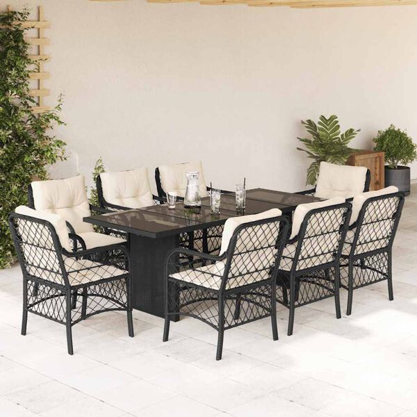 vidaXL Set de comedor de jard&iacute;n 9 pzas y cojines rat&aacute;n sint&eacute;tico negro