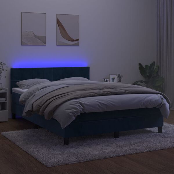 vidaXL Cama box spring colch&oacute;n y LED terciopelo azul oscuro 140x190 cm
