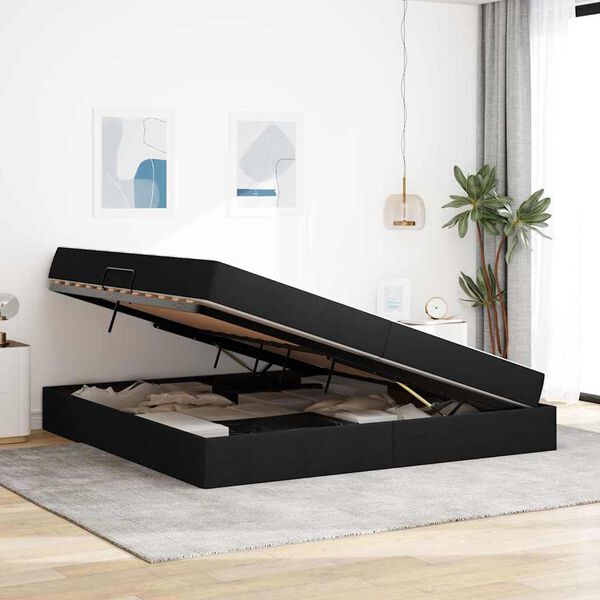 vidaXL Cama con almacenamiento y colch&oacute;n Negro 200 x 200 cm Poli&eacute;ster