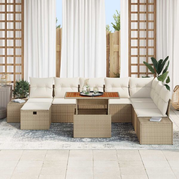 vidaXL Conjunto de sof&aacute; de jard&iacute;n 9 pcs Beige Polirat&aacute;n