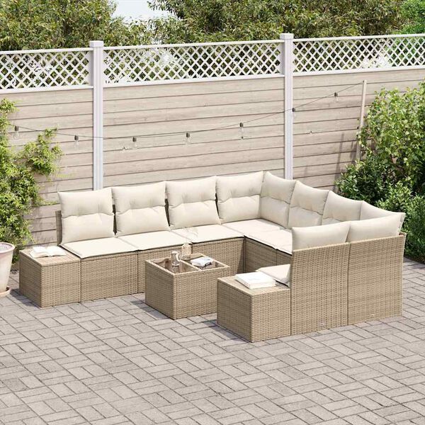 vidaXL Conjunto de sof&aacute; de jard&iacute;n 9 pcs Beige rat&aacute;n sint&eacute;tico