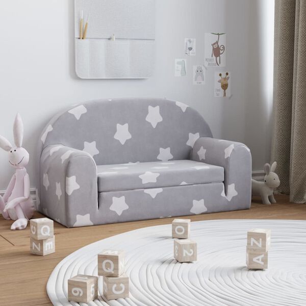 vidaXL Sof&aacute; cama infantil 2 plazas felpa suave gris claro estrellas