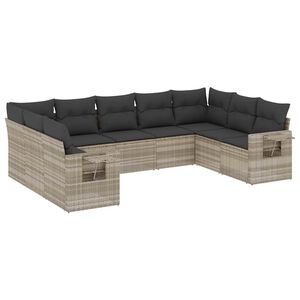 vidaXL Set muebles jard&iacute;n 9 pzas y cojines rat&aacute;n sint&eacute;tico gris claro