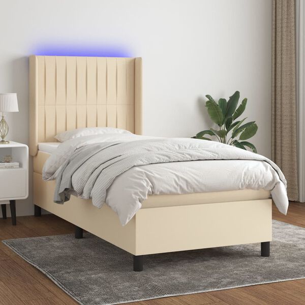 vidaXL Cama box spring colch&oacute;n y luces LED tela color crema 90x190 cm