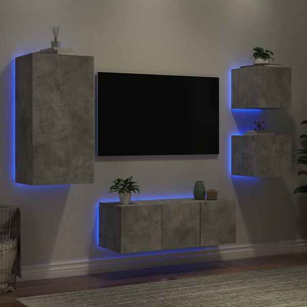 vidaXL Muebles TV pared con LED 5 pzas madera ingenier&iacute;a gris hormig&oacute;n