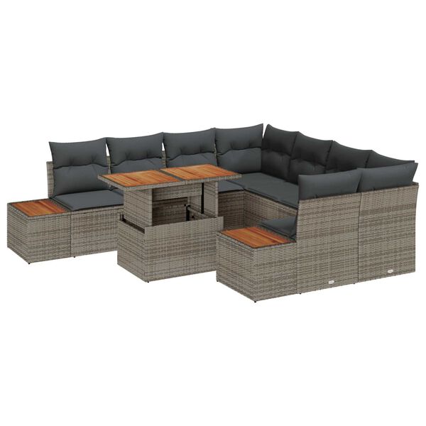 vidaXL Conjunto de sof&aacute; de jard&iacute;n 9 pcs Gris Polirat&aacute;n