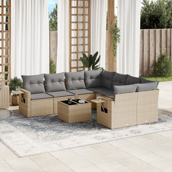 vidaXL Set de sofás de jardín 9 pzas con cojines ratán sintético beige