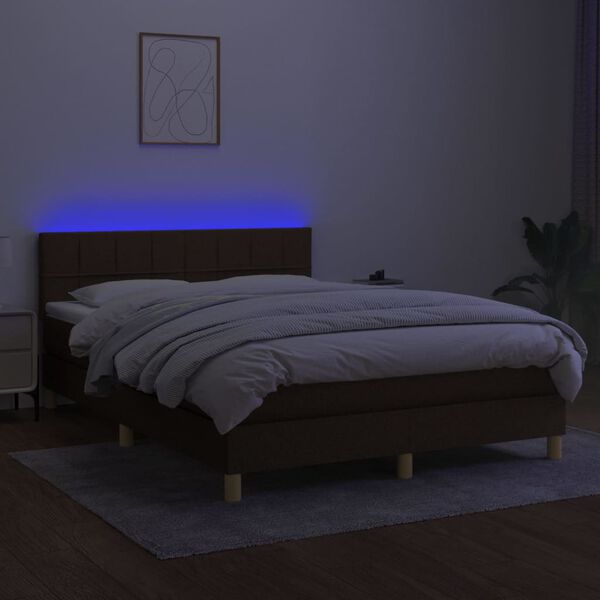vidaXL Cama box spring colch&oacute;n luces LED tela marr&oacute;n oscuro 140x190 cm