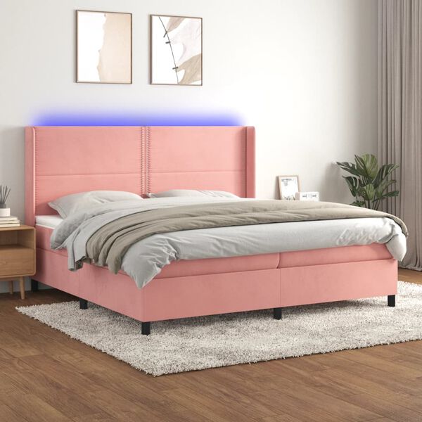 vidaXL Cama box spring colch&oacute;n y LED terciopelo rosa 200x200 cm