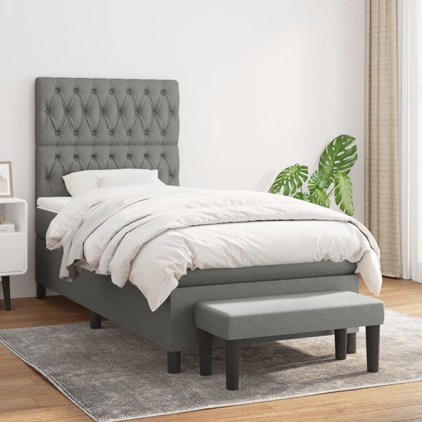 vidaXL Cama box spring con colch&oacute;n tela gris oscuro 90x190 cm