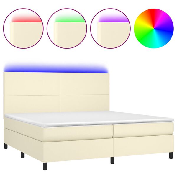 vidaXL Cama box spring colch&oacute;n y LED cuero sint&eacute;tico crema 200x200 cm