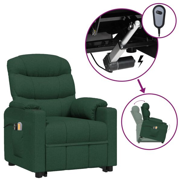 vidaXL Sill&oacute;n de masaje elevable tela verde oscuro