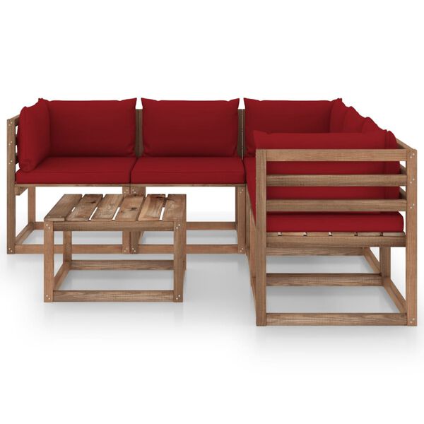 vidaXL Set de muebles de jard&iacute;n 6 pzs madera impregnada cojines rojos