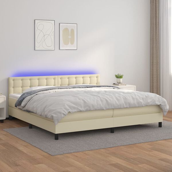 vidaXL Cama box spring colch&oacute;n y LED cuero sint&eacute;tico crema 200x200 cm