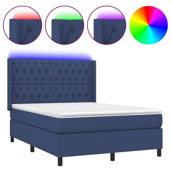 vidaXL Cama box spring colch&oacute;n y luces LED tela azul 140x200 cm