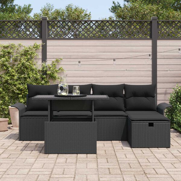 vidaXL Conjunto de sof&aacute; de jard&iacute;n con coj&iacute;n 6 pcs Negro Polirat&aacute;n