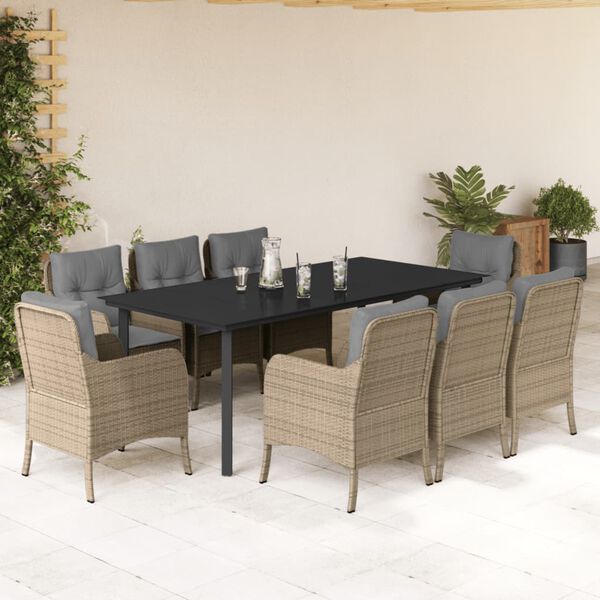 vidaXL Set comedor de jard&iacute;n 9 pzas con cojines rat&aacute;n sint&eacute;tico beige