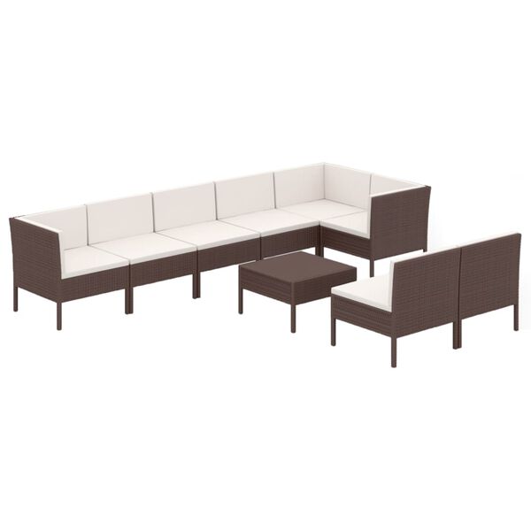 vidaXL Set muebles de jard&iacute;n 9 pzas y cojines rat&aacute;n sint&eacute;tico marr&oacute;n