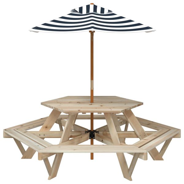 vidaXL Mesa de picnic hexagonal 6 ni&ntilde;os agujero sombrilla madera abeto