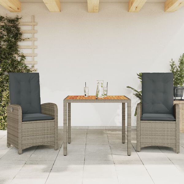 vidaXL Set comedor de jardín 3 piezas con cojines ratán sintético gris