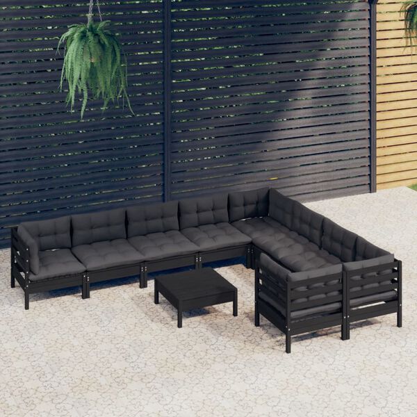 vidaXL Muebles de jard&iacute;n 10 pzas con cojines negro madera de pino