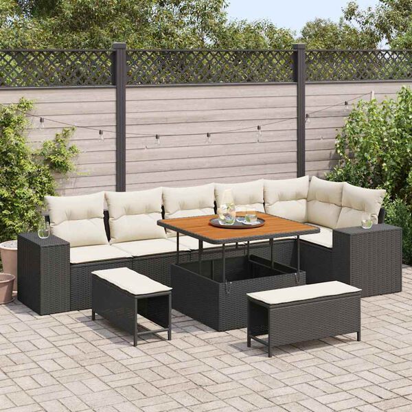 vidaXL Conjunto de sof&aacute; de jard&iacute;n 9 pcs Negro y crema rat&aacute;n sint&eacute;tico