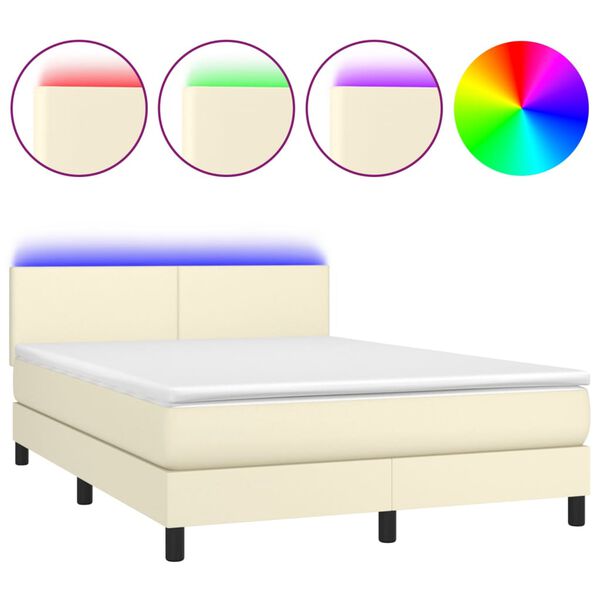 vidaXL Cama box spring colch&oacute;n y LED cuero sint&eacute;tico crema 140x200 cm