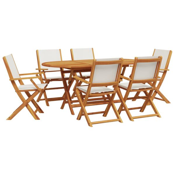 vidaXL Set de comedor de jardín 7 pzas tela madera maciza blanco crema