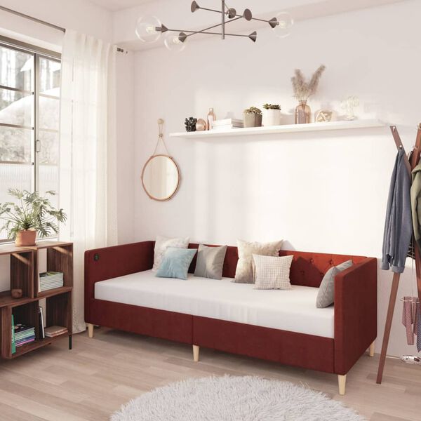 vidaXL Sof&aacute; cama con colch&oacute;n USB de tela rojo vino tinto 90x200 cm