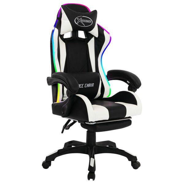 vidaXL Silla gaming con luces LED RGB cuero sint&eacute;tico blanco y negro