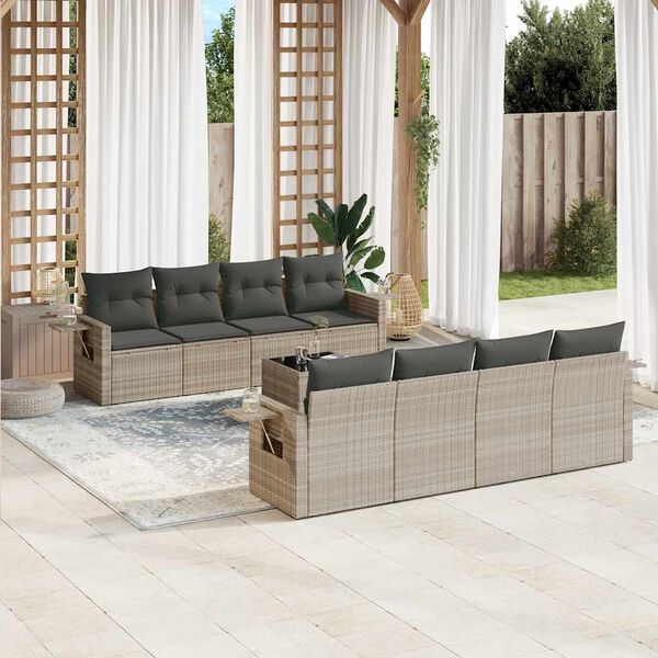 vidaXL Set muebles jard&iacute;n 9 pzas y cojines rat&aacute;n sint&eacute;tico gris claro