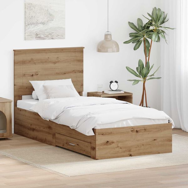 vidaXL Estructura de cama con cabecera Roble artesanal 90 x 190 cm