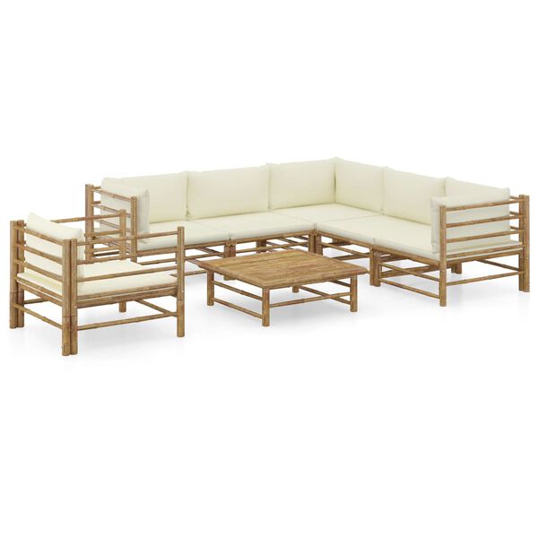 vidaXL Set de muebles de jardín 7 piezas bambú y cojines blanco crema