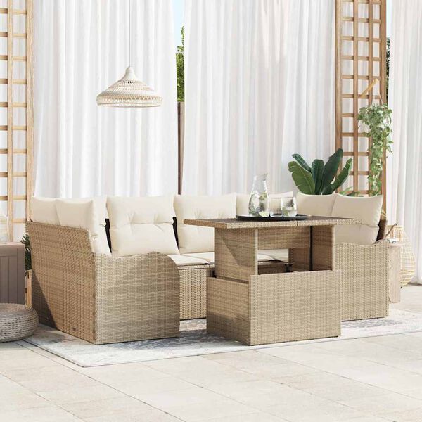 vidaXL Conjunto de sofá de jardín con cojín 7 pcs Beige Poliratán