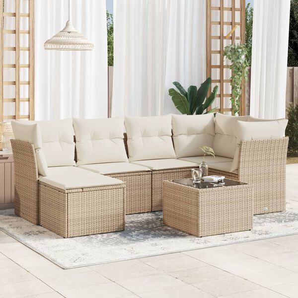 vidaXL Set sof&aacute;s de jard&iacute;n 7 piezas y cojines rat&aacute;n sint&eacute;tico beige