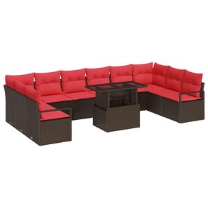 vidaXL Conjunto de sof&aacute; de jard&iacute;n 11 pcs Marr&oacute;n y Rojo rat&aacute;n sint&eacute;tico