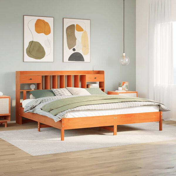 vidaXL Cama con estanter&iacute;a sin colch&oacute;n madera maciza marr&oacute;n 200x200 cm