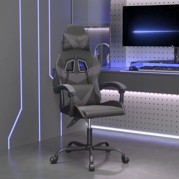 vidaXL Silla gaming giratoria cuero sintético negro y gris