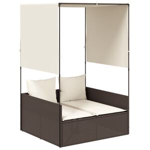 vidaXL Tumbona doble con techo y cortinas rat&aacute;n sint&eacute;tico marr&oacute;n